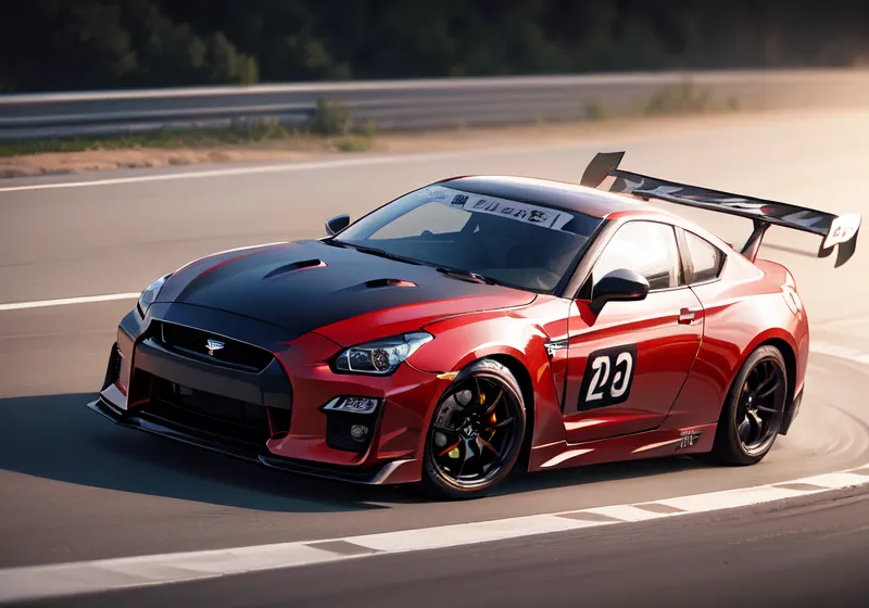 This is a photo of a red and black sports car on an asphalt race track. The car has a large rear spoiler and a number 23 on the side. The car is blurred, and the background is in focus. The car is in the middle of the track, and there is a slight bend in the road ahead. The sky is clear, and the sun is shining.