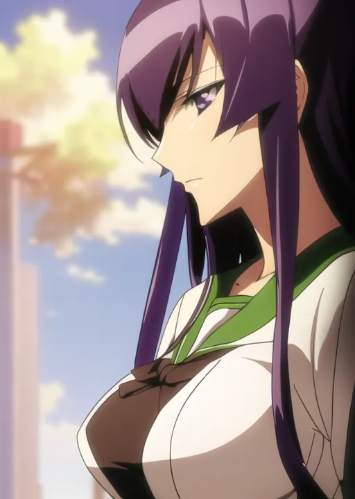 The image shows a young woman with long purple hair and purple eyes. She is wearing a white shirt, a green sweater, and a black tie. She is looking to the right of the frame with a neutral expression on her face. The background is a blurred cityscape with a blue sky.