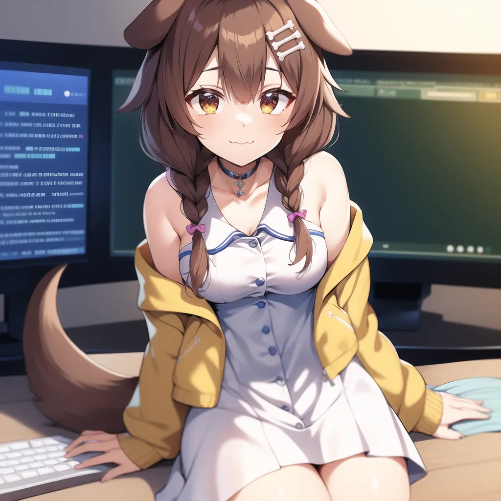 La imagen muestra a una chica de anime con cabello marrón y ojos amarillos. Lleva un vestido blanco con una chaqueta amarilla. Tiene cola y orejas de perro. Está sentada frente a una computadora y hay códigos en la pantalla.