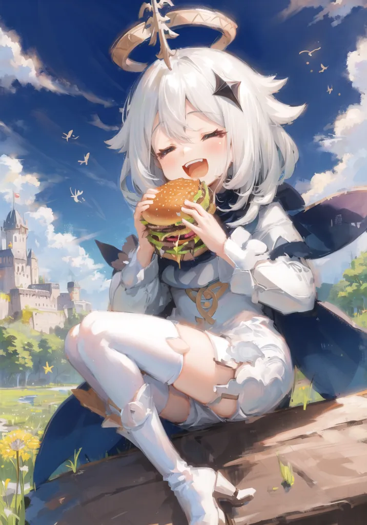 The image is of an anime-style girl with white hair and blue eyes. She is wearing a white dress with a blue cape. She is sitting on a rock in front of a large castle. She is eating a hamburger and has a happy expression on her face. There are two birds flying in the sky behind her.