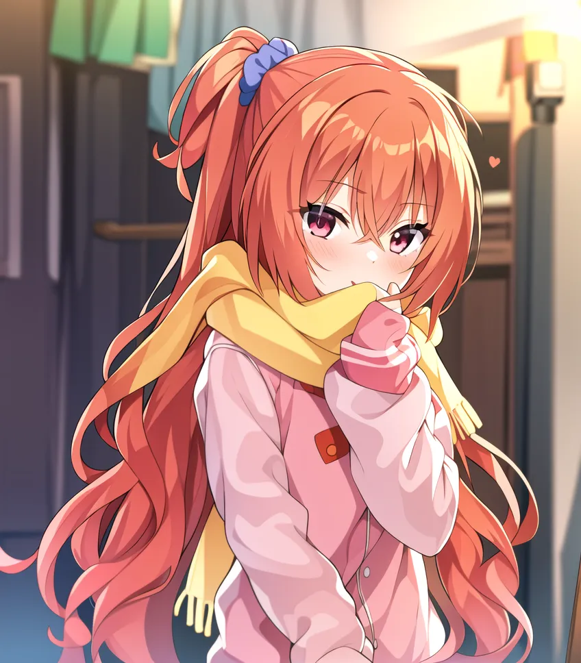 The image shows an anime girl with long orange hair tied in a ponytail. She is wearing a pink jacket and a yellow scarf. She has a shy expression on her face and is looking at the viewer with a slight blush on her cheeks. The background is blurred and there is a heart-shaped bubble next to her head.