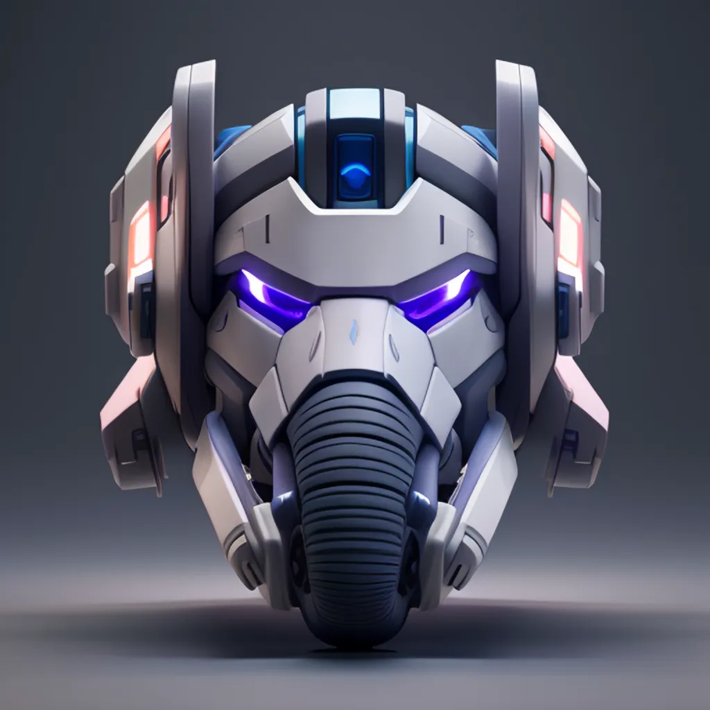 The image is a 3D rendering of a robot's head. The head is white and gray with blue and purple lights glowing from the eyes and other parts of the head. The head resembles an elephant's head with a long trunk-like appendage hanging down from the bottom of the face. There are two large, round ear-like protrusions on the top of the head. The head appears to be made of metal or some other hard material.