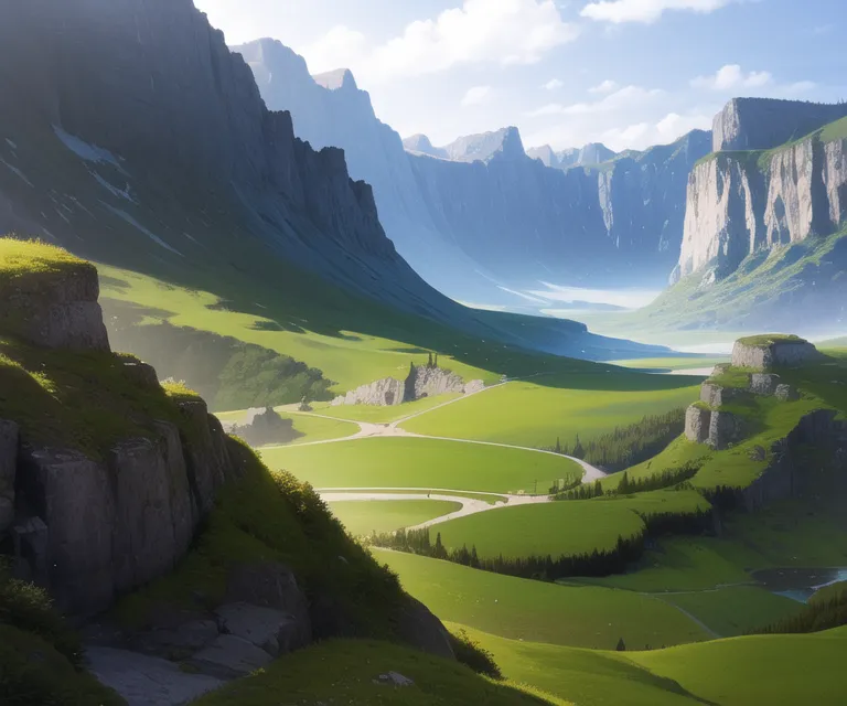 The image is of a valley in the mountains. The valley is green and lush, with a river running through it. There are trees on the valley floor. The mountains are rocky and snow-capped. The sky is blue and there are clouds in the sky.