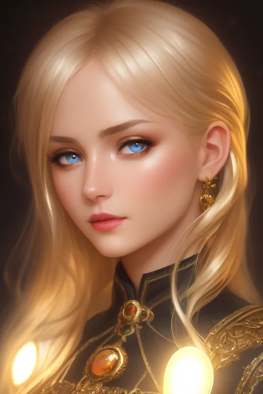 La imagen es un retrato de una hermosa mujer joven con cabello rubio largo y ondulado y ojos azules. Lleva un vestido negro con adornos dorados y un collar de oro. El fondo es oscuro, con dos esferas brillantes a cada lado de su cabeza. La expresión de la mujer es seria y reflexiva. Parece estar perdida en sus pensamientos, contemplando algo importante. La pintura está hecha en un estilo realista, y las características de la mujer se representan con gran detalle. El efecto general es de belleza y misterio.