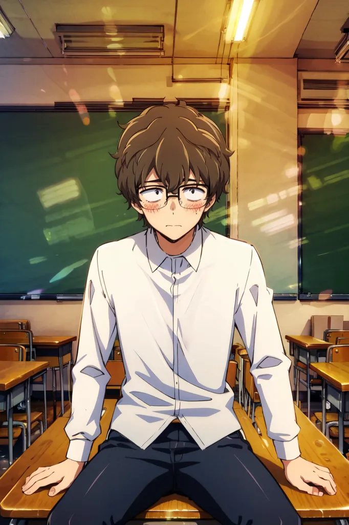 The image shows a young male student sitting on a desk in a classroom. He has brown hair and brown eyes, and he is wearing a white shirt and black pants. He is looking at the viewer with a slightly embarrassed expression on his face. The background of the image is a chalkboard with a green surface.