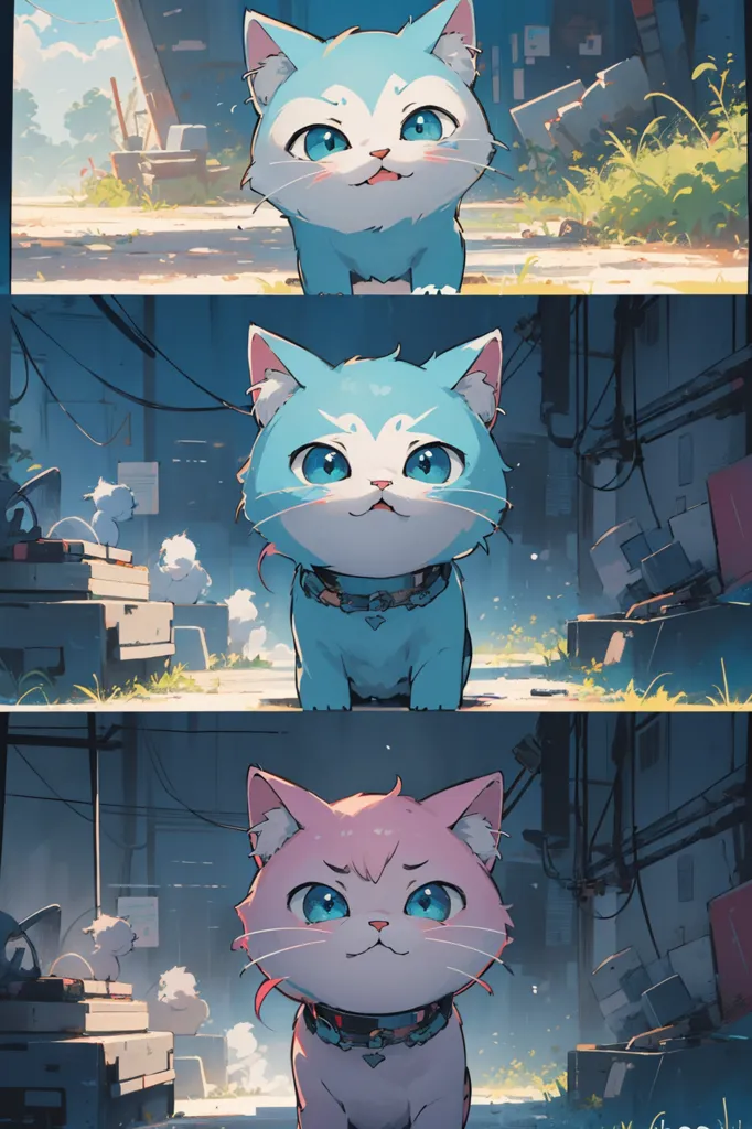 The image shows a cute cat with blue fur and pink eyes. The cat is sitting in a junkyard, and there are some buildings and plants in the background. The cat is wearing a collar with a bell on it. The cat is looking at the viewer with a curious expression.