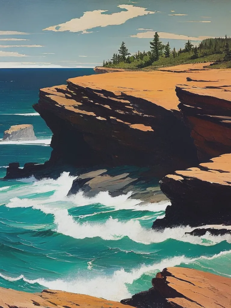 The image is of a rocky cliff overlooking the ocean. The cliff is brown and covered in moss, and the water is a deep blue and white. The sky is blue and cloudy, and there are some trees on the cliff. The waves are crashing against the cliff, and there is a white line of foam on the water. The image is very realistic and looks like a photograph.