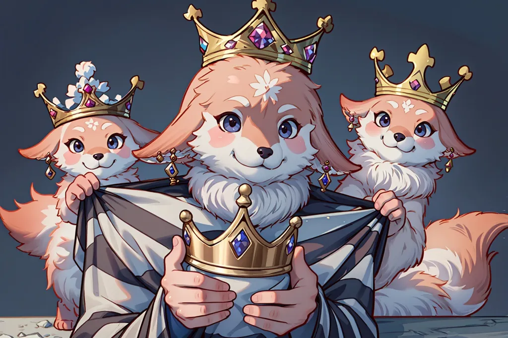 The image shows three anthropomorphic fox characters. They all have large, fluffy ears and tails, and are wearing elaborate crowns. The middle fox is slightly larger than the other two, and is holding a golden crown in its hands. The two smaller foxes are standing on either side of the middle fox, and are holding the edges of a large, checkered cloth. The background is a dark blue, with a few small, white stars.