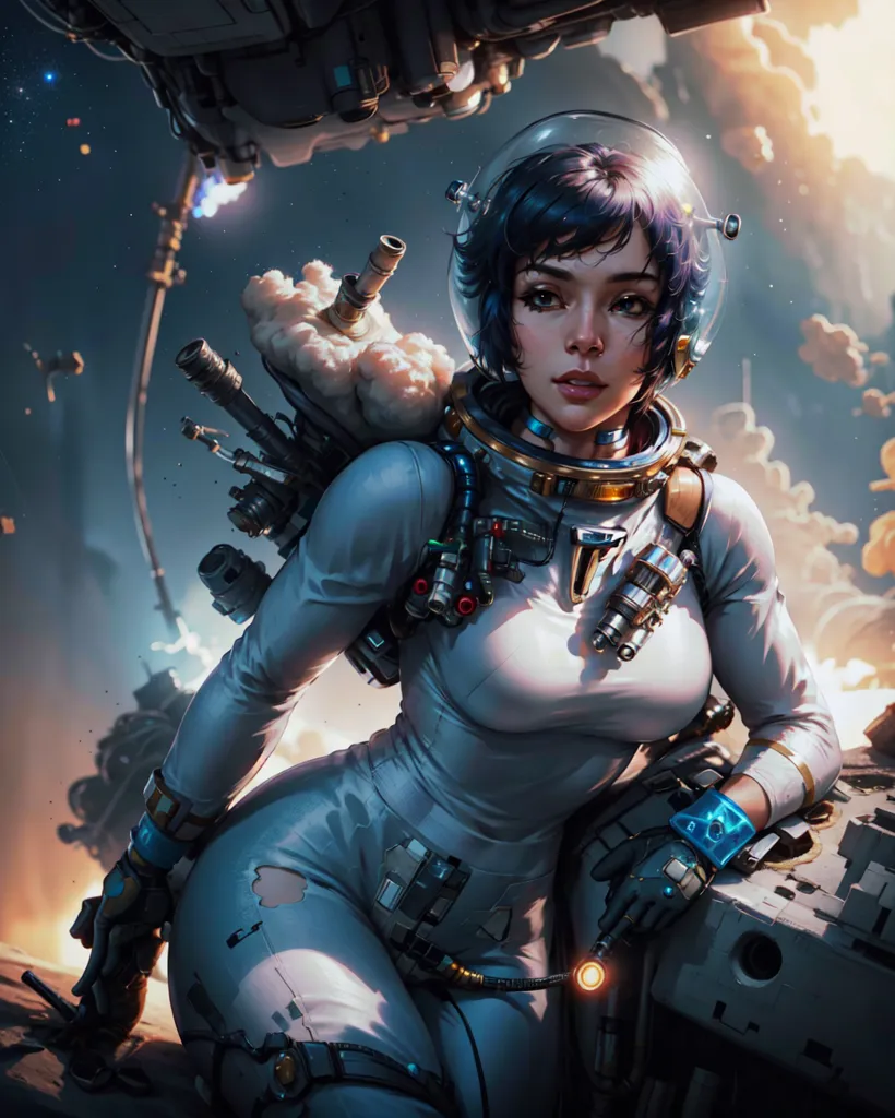 This is an image of a young woman in a spacesuit with her helmet on. She is standing in front of a spaceship, which is in the background. She has brown hair and brown eyes and is wearing a white spacesuit with a clear bubble helmet. The spacesuit has various tubes and wires attached to it, and she is carrying a gun. The background of the image is a starry space with a planet in the distance.