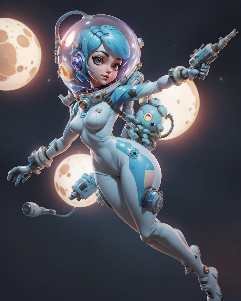 This is an image of an anime girl in a spacesuit. She has blue hair and blue eyes. She is wearing a white spacesuit with a clear bubble helmet. There are three moons in the background. She is holding a gun in her right hand. There is a small blue creature with her.