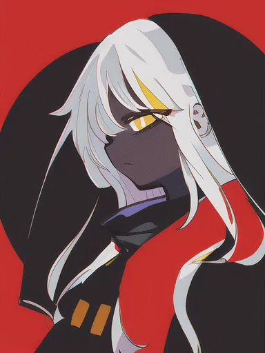 This image is of a character with dark skin and white hair. The character is wearing a black and red outfit. The character has yellow eyes and is looking at the viewer with a serious expression. The background of the image is red.