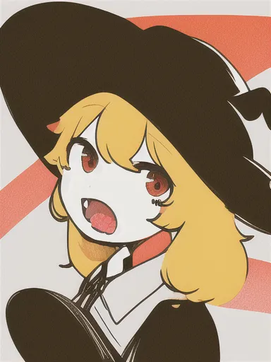 The image is of a young girl with yellow hair and red eyes. She is wearing a black hat and a black dress with a white collar. She has a surprised expression on her face and her mouth is open. She has two small fangs sticking out of her mouth.