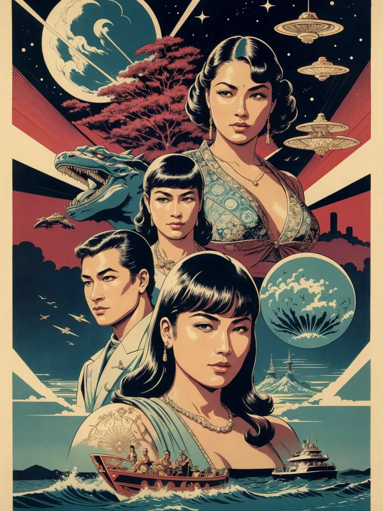 The image is a poster for a science fiction movie. It is set in a retro-futuristic world where people dress in a mix of 1940s and 1950s styles with advanced technology. The poster features four characters: two men and two women. The men are both dressed in suits, while the women are both wearing dresses. The women are all beautiful, with long, dark hair and perfect figures. The men are both handsome, with strong jaws and determined expressions. The poster is set against a backdrop of a city skyline, with flying saucers in the sky and a large monster. The text at the top of the poster reads: \