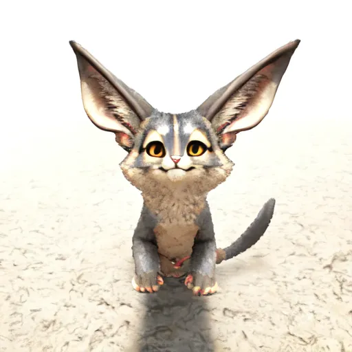 The image shows a small, furry creature with large ears and a long tail. It is sitting on its haunches and looking at the viewer with a friendly expression. The creature is mostly gray and white, with some orange markings on its face and ears. Its fur is short and smooth, and its eyes are a deep orange. The creature's ears are long and pointed, and its tail is bushy and tipped with white. The background is a sandy color.