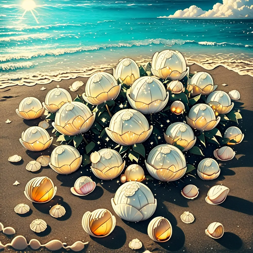 The image is a beautiful depiction of a beach with a sandy shore and a blue sea with small gentle waves. The beach is adorned with numerous seashells, some of which are open and some closed. The seashells are arranged in a cluster in the center of the image, and they are surrounded by a variety of other seashells. The image is warm and inviting, and it evokes a sense of peace and tranquility.