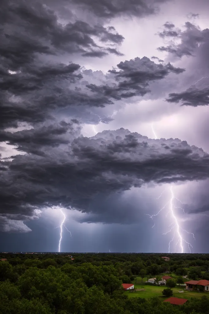 A dark storm cloud is billowing in the sky. There are bolts of lightning. The storm is likely to bring heavy rain and strong winds. The trees in the foreground are green and lush. There are some houses in the distance.