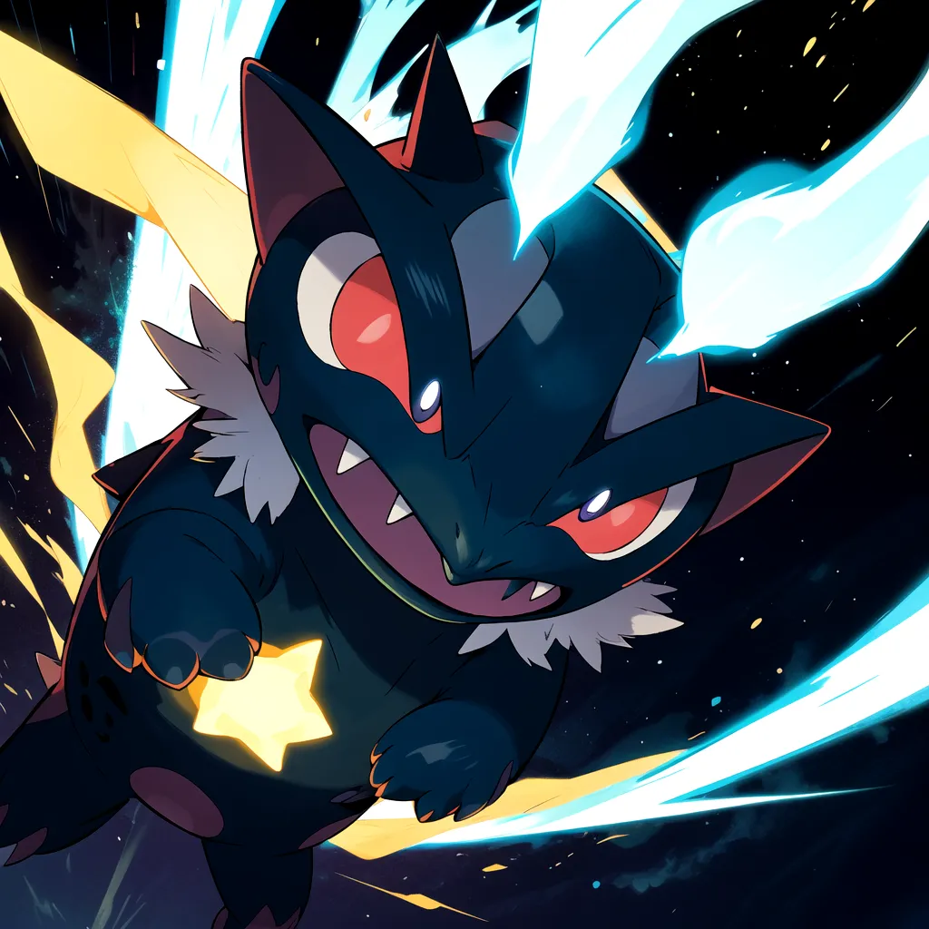 This is an image of a Pokémon. It is a small, cat-like creature with blue and black fur. It has a yellow star on its forehead and red eyes. It is surrounded by yellow and blue energy. The background is a dark blue night sky with stars