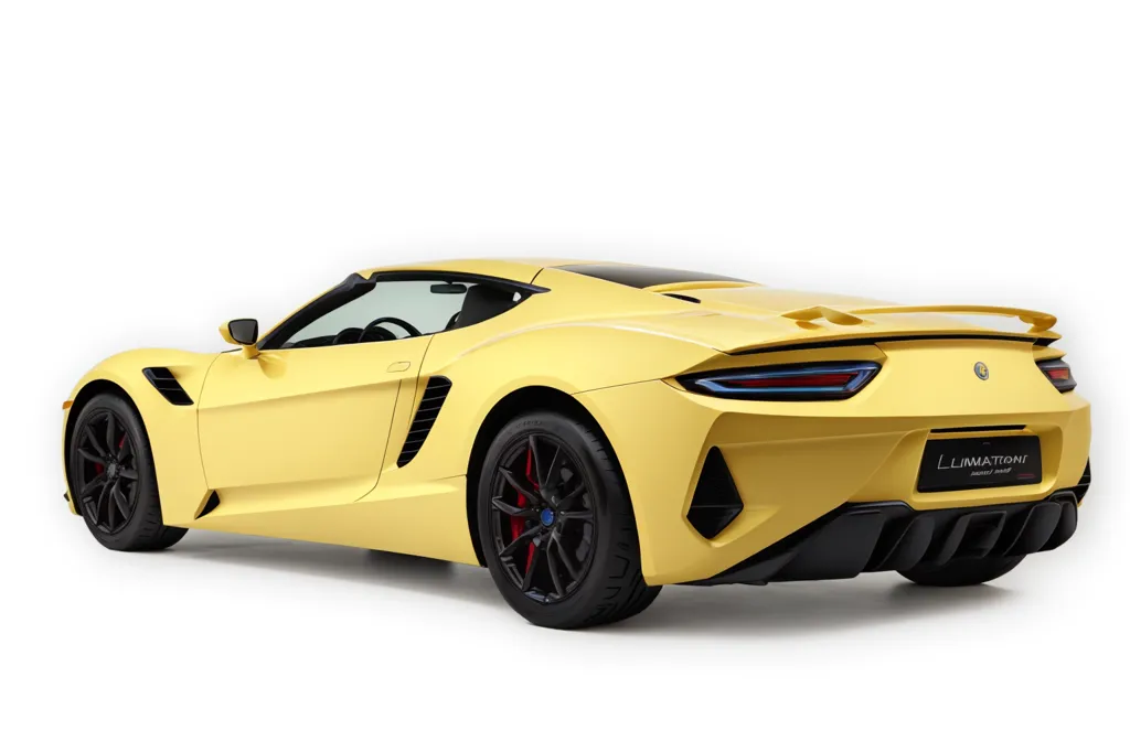 The image shows a yellow sports car. The car has a sleek design and a low profile. It has a large rear spoiler and a diffuser. The car is also very wide, with a long wheelbase. The car is likely to be very fast and powerful.