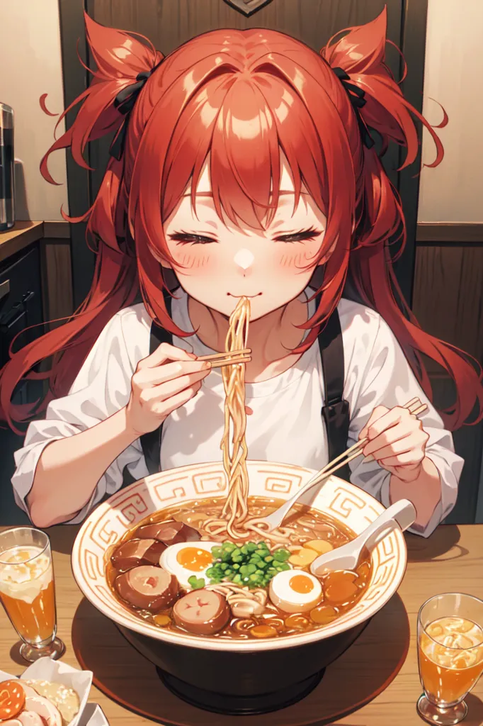 The image shows a young girl with long red hair eating a bowl of ramen. She is sitting at a table in a restaurant and is using chopsticks to eat the ramen. The girl is wearing a white shirt and a black apron. She has a happy expression on her face and seems to be enjoying her meal. In the background, there are two glasses on the table.