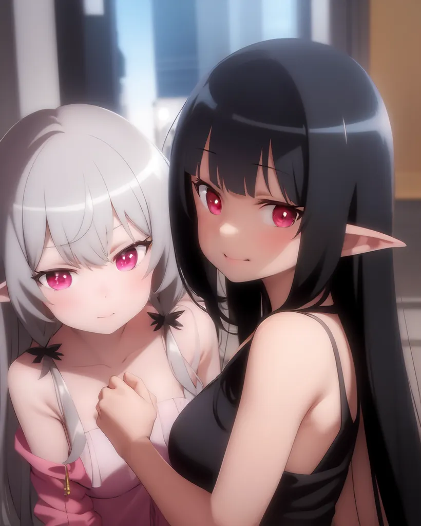 The image shows two anime-style girls with long hair. The girl on the left has white hair and pink eyes, and she is wearing a pink jacket. The girl on the right has black hair and red eyes, and she is wearing a black dress. They are standing close to each other and the girl in black has her hand around the shoulder of the girl in white.