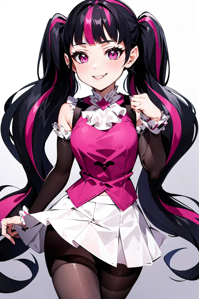 The image shows an anime girl with long black hair that has pink streaks at the ends. She is wearing a pink vest with a white collar and a white pleated skirt. She is also wearing black stockings and pink shoes. She has a happy expression on her face and is looking at the viewer with her pink eyes.