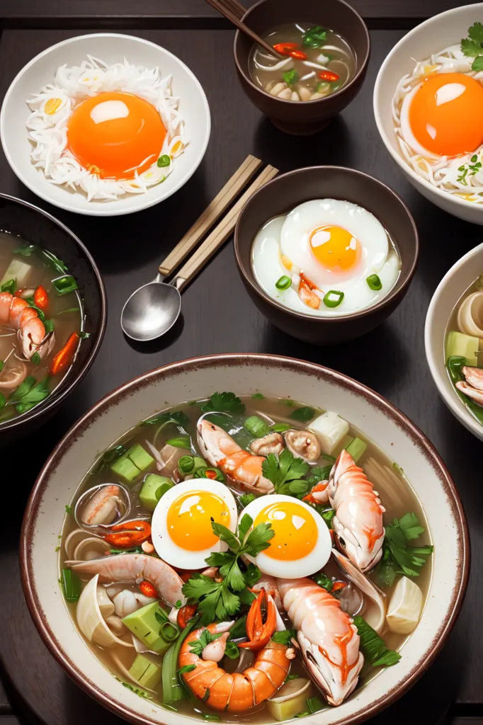 There are three large bowls and two small bowls of food on a brown table. The large bowls each contain a clear broth with noodles, vegetables, and shrimp. The small bowls each contain a soft-boiled egg. One of the large bowls also has a spoon.