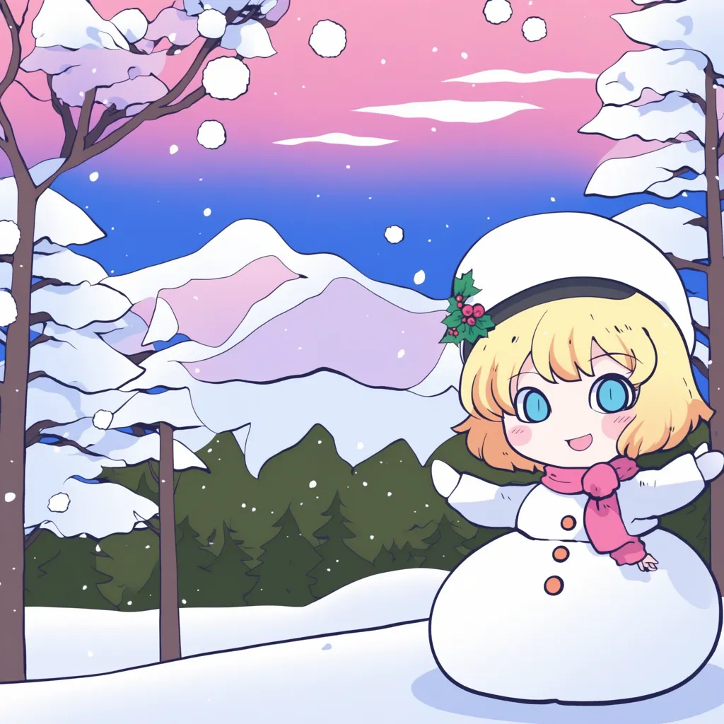 This image is of a cute anime girl who is dressed up as a snowman. She is wearing a white hat with a green leaf on it, a red scarf, and has two black buttons. She is standing in a snowy forest, and there are snow-covered mountains in the background. The sky is a gradient of pink and purple, and there are snowflakes falling. The girl is smiling and has her arms outstretched.