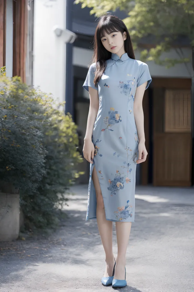 The image shows a young woman wearing a blue cheongsam. The cheongsam is a traditional Chinese dress that is typically worn by women. It is usually made of silk or other fine fabrics and is often decorated with intricate designs. The cheongsam is a popular choice for special occasions such as weddings and festivals. The woman in the image is standing in a courtyard, which is a common setting for cheongsam photos.