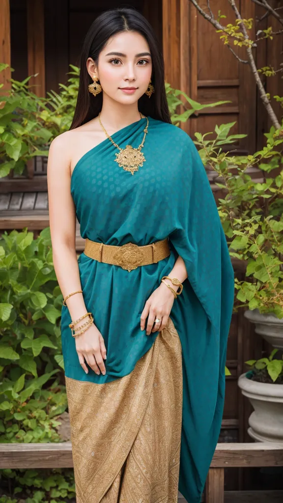 The image shows a young woman wearing a traditional Thai dress called a sabai. The sabai is a long piece of cloth that is wrapped around the body and secured with a belt. The woman is also wearing a traditional Thai necklace and earrings. The background of the image is a blur of green leaves.