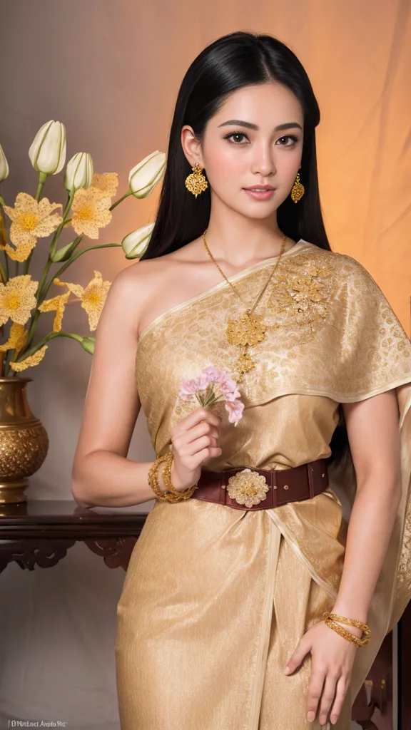 The photo shows a young woman wearing a traditional Thai dress. The dress is gold with intricate patterns and has a belt at the waist. She is also wearing a necklace and earrings. Her hair is long and black and she is holding a flower. In the background, there is a vase with flowers.