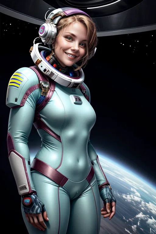 The image shows a young woman in a spacesuit with her helmet removed. She has a bright smile on her face and is looking at the camera. She is wearing a light blue and white spacesuit with a clear bubble helmet. The spacesuit has various buttons, switches, and lights on it. She is also wearing a pair of headphones. In the background, there is a view of the Earth from space.