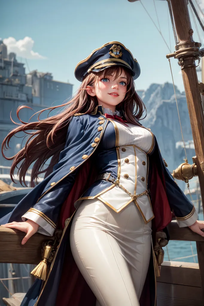 This image depicts a young woman standing on the deck of a ship. She is wearing a white naval uniform with a blue coat and a white hat with a gold band. She has long brown hair and blue eyes. She is smiling and looking at the viewer. There are some buildings and mountains in the background.