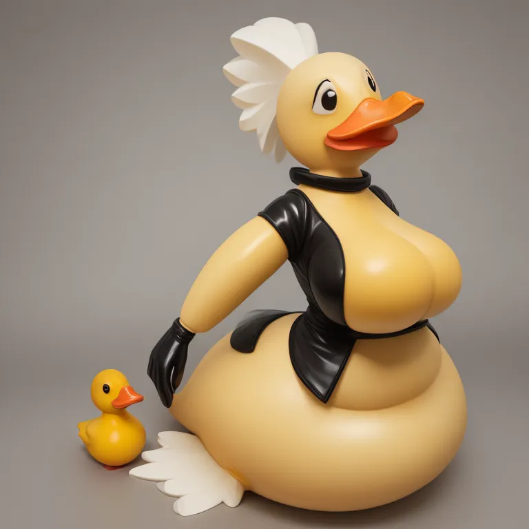 This is a 3D rendering of a cartoon duck. The duck is large and yellow, with a large chest and a small waist. She is wearing a black leather outfit with a white collar and a black choker. She has white gloves and a white wig with a large feather sticking out of the back. She is standing next to a small yellow duckling, who is wearing a diaper.