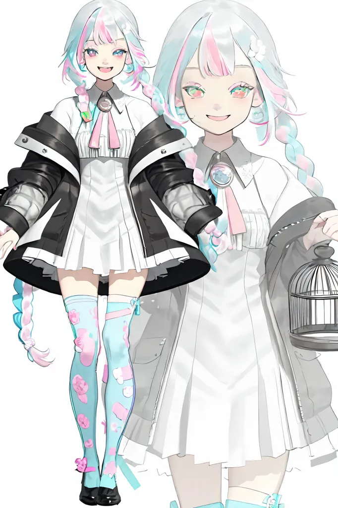 The image is of an anime girl with long white and pink hair. She is wearing a white dress with a pink bow and a black jacket. She also has a pair of black boots and a birdcage in her hand. The girl has a smile on her face and is looking at the viewer.