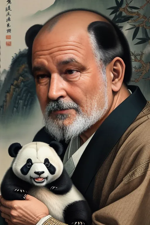 This image is a painting of a man with a panda. The man is dressed in a brown robe with black and white trim. He has a long white beard and a bald head with two panda ears. The man is holding the panda in his arms and is looking at it with a kind expression. The panda is smiling and has its paws on the man's arm. The background of the painting is a Chinese landscape with mountains, trees, a