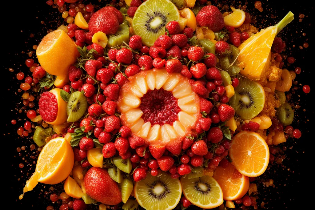 There is a variety of fruit arranged in a circle on a black background. The fruits include strawberries, raspberries, blueberries, blackberries, oranges, grapefruits, kiwi, and pineapple. The fruits are arranged in a way that creates a sense of balance and harmony. The colors of the fruits are also very vibrant and create a sense of energy. The image is very visually appealing and makes you want to eat some fruit.