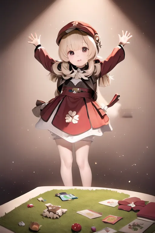 The image shows a small girl with blonde hair and red eyes. She is wearing a red and white dress with a white hat. She is standing on a table, surrounded by toys. She has her arms raised in the air and looks excited.