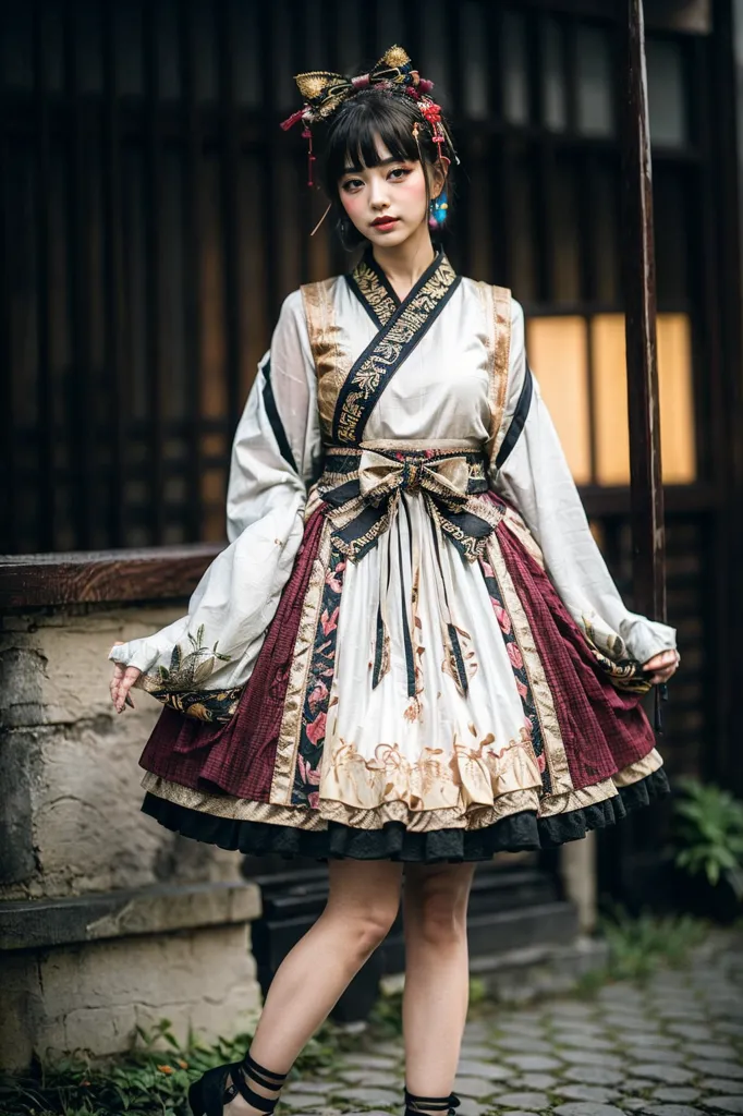 The image shows a young woman wearing a beautiful dress with a traditional Chinese design. The dress is white with red and gold accents, and features intricate embroidery and beading. The woman's hair is styled in a traditional Chinese bun, and she is wearing delicate makeup. She is standing in a courtyard, surrounded by traditional Chinese architecture.