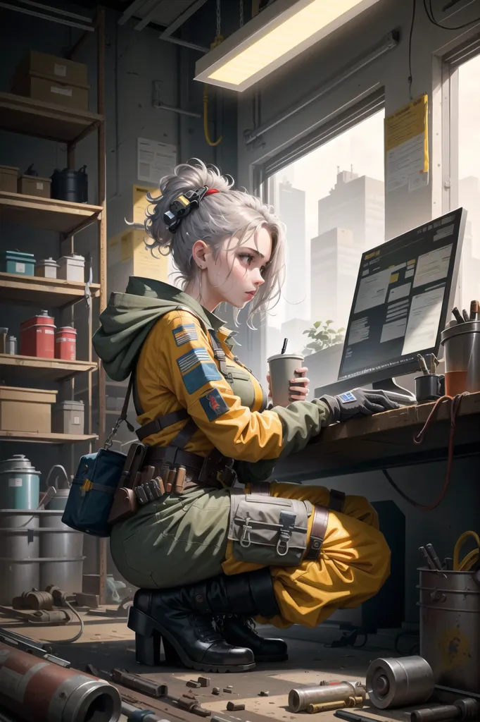 A young woman is working at a computer desk. She is wearing a yellow and green jumpsuit and a brown belt with various tools attached to it. She has a ponytail and is holding a coffee cup in her left hand while typing on the computer with her right hand. There is a window to her right and a shelf with various supplies and tools to her left.