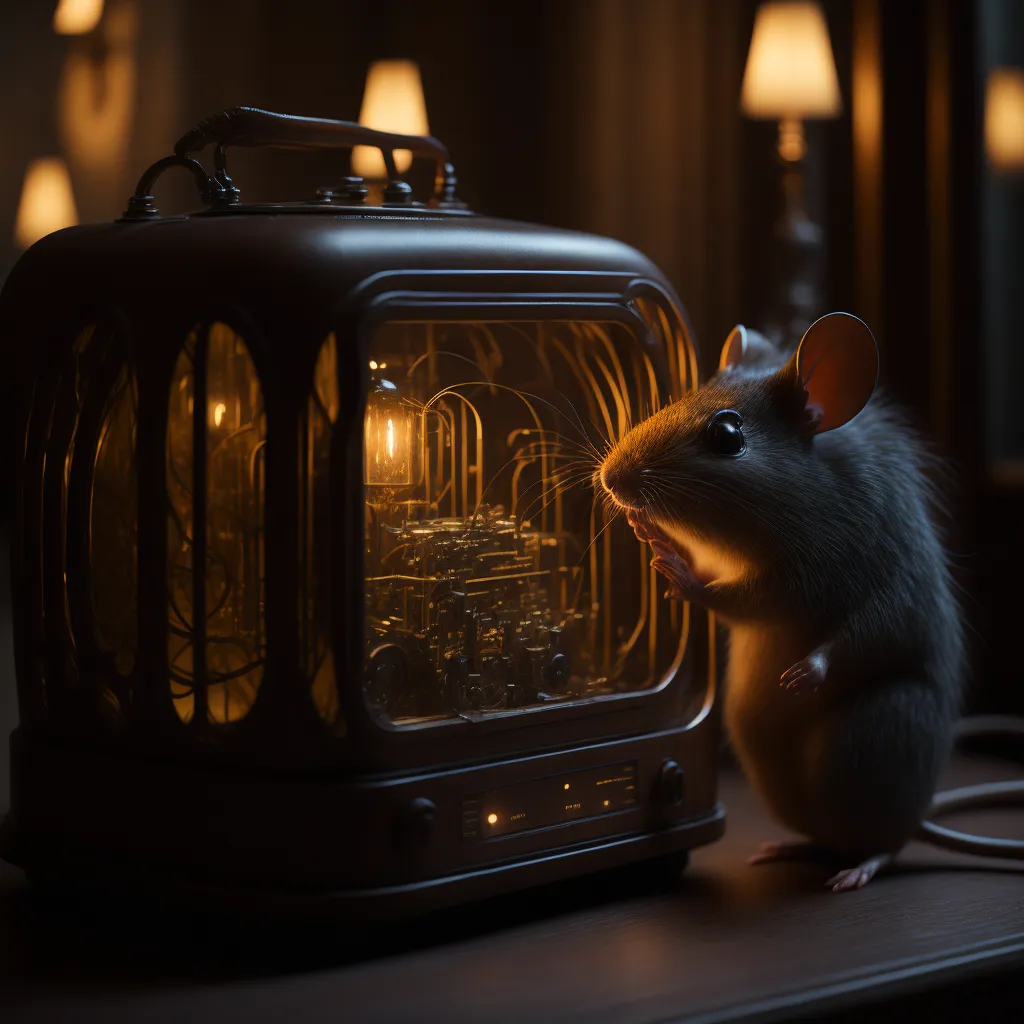 A rat is standing on a wooden table next to a retro television set. The television set is turned on and there is a warm glow coming from the screen. The rat is looking at the screen with interest. There are two lamps in the background of the image.