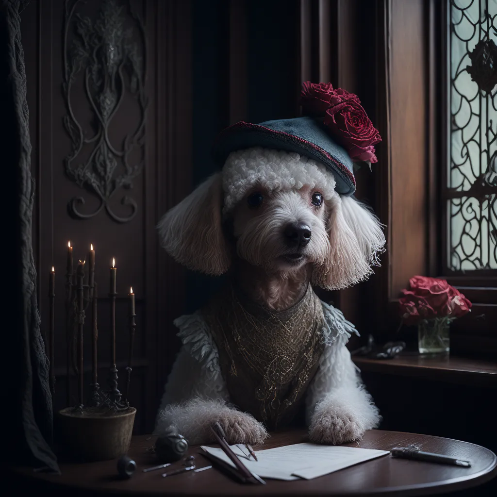 A imagem mostra um cachorro poodle branco usando um chapéu azul com uma rosa vermelha nele. O cachorro está sentado em uma mesa, com uma pena de ganso em sua pata e um pedaço de papel à sua frente. Há velas e um vaso de rosas na mesa. O cachorro está olhando pela janela, como se estivesse esperando por alguém.