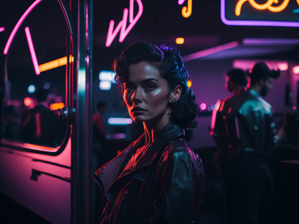 A woman with short black hair and dark makeup is standing in front of a pink and blue neon sign. She is wearing a black leather jacket and looking at the camera with a serious expression. There are people in the background, and the overall atmosphere is dark and mysterious.