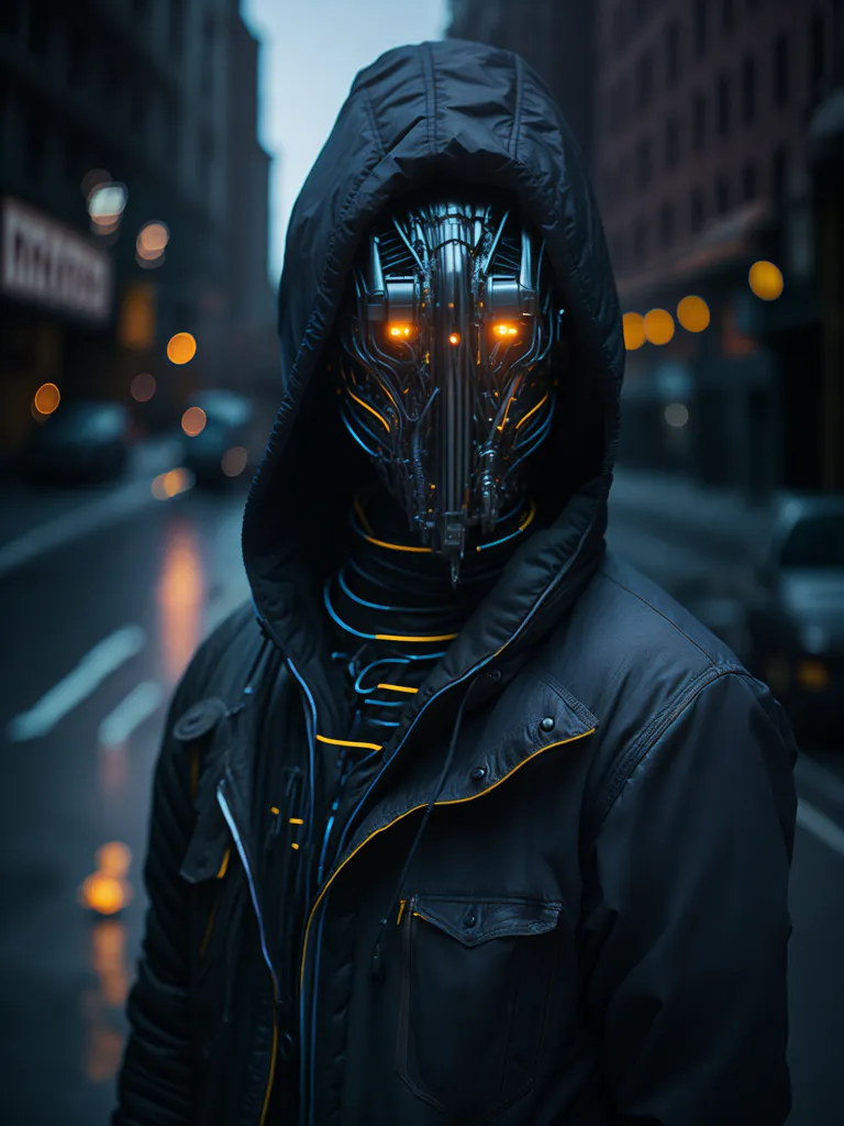 The image is a dark and mysterious figure wearing a black hoodie and a mask with glowing yellow eyes. The figure is standing in an urban setting, with a blurred background of city lights. The figure's identity is unclear, but it appears to be some kind of cyborg or robot. The image is full of mystery and intrigue, and it leaves the viewer wondering who or what the figure is.