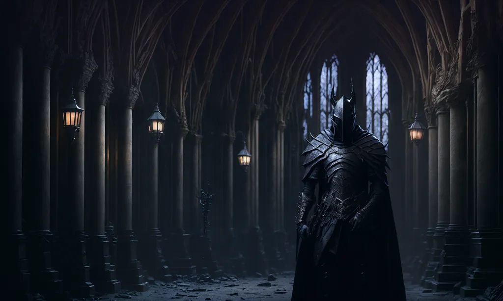 The image is a dark and gloomy hall with a knight in black armor standing in the center. The knight is holding a sword and shield, and his helmet is closed. The hall is lit by a few lanterns, and there are pillars on either side of the knight. The floor is covered in rubble, and there is a large door at the end of the hall.