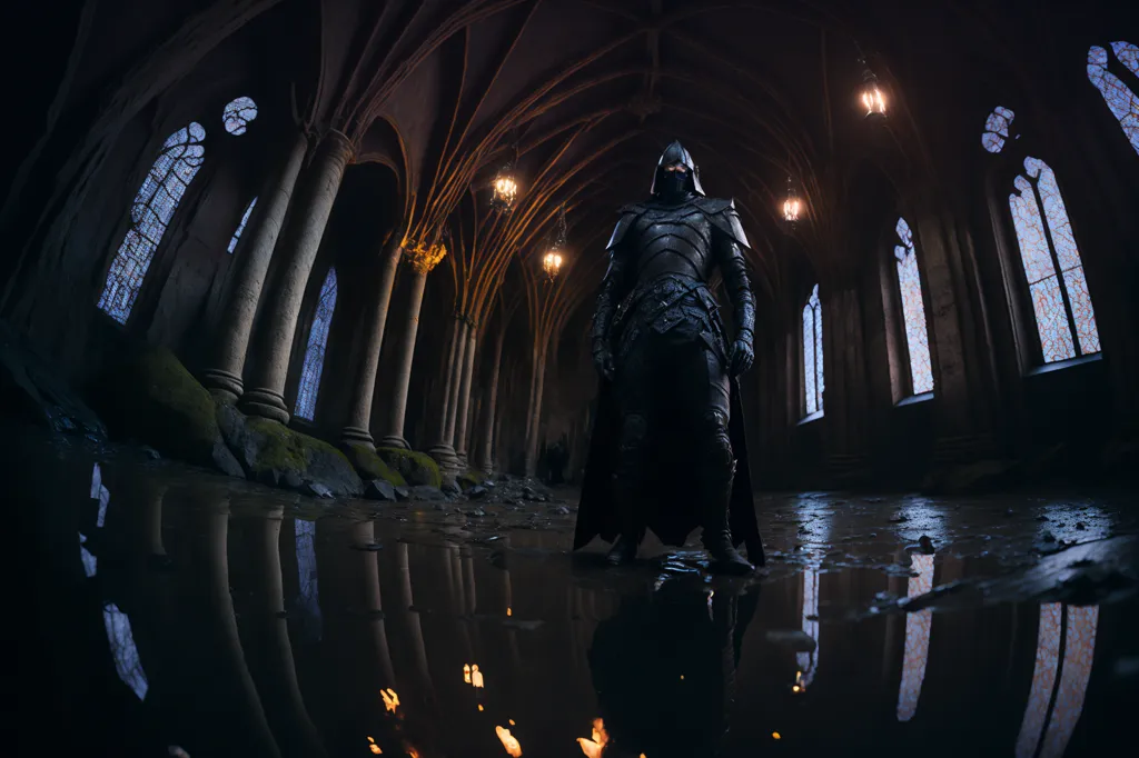 The image is a dark and mysterious chamber. The floor is wet and covered in water, reflecting the light from the few lanterns that hang from the ceiling. In the center of the chamber stands a tall, imposing figure. He is dressed in black armor and his face is hidden by a mask. He is holding what looks like a sword in his right hand. He looks like a dangerous and powerful warrior.