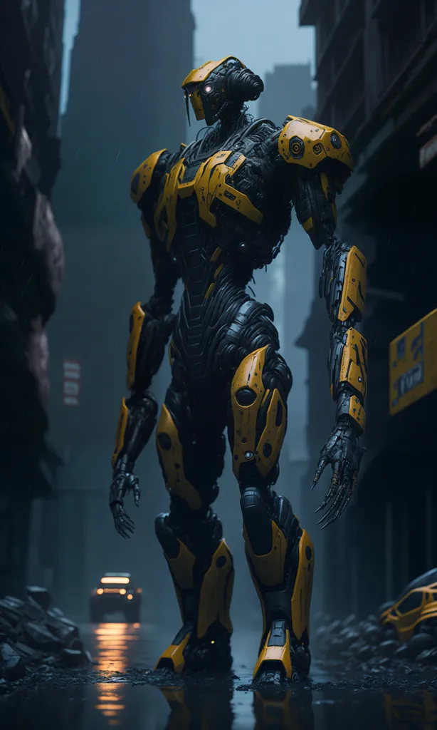 The image shows a tall, yellow and black robot standing in a dark and rainy city. The robot is made of metal and has a humanoid shape. It is wearing a helmet and has a glowing yellow visor. The robot is also wearing a backpack and has a gun attached to its right arm. The city is in ruins and there are no people visible. The robot is standing in the middle of the street and is looking around. It seems to be searching for something.