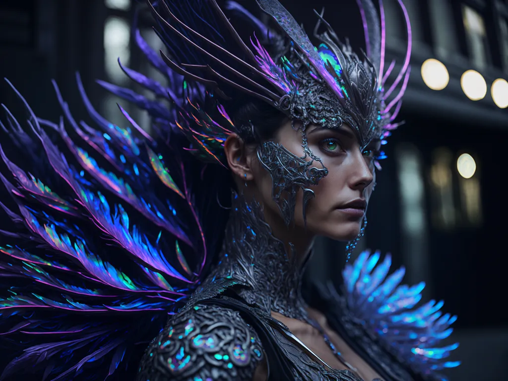 A woman is wearing a metal headdress and a metal breastplate. The headdress has blue and purple feathers coming out of the sides and a green gem in the center. The breastplate has blue gems on the shoulder pads. The woman has green eyes and dark hair. She is looking to the right of the frame. There are blurry lights in the background.