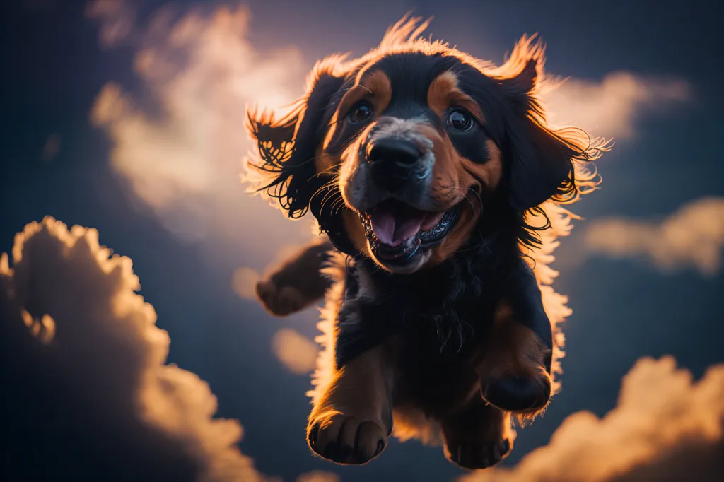 The image shows a small, black and brown dog with a white blaze on its chest. It appears to be a mixed breed, and it is looking up at the camera with its mouth open and its tongue hanging out. Its ears are blown back by the wind, and its fur is matted. The background is a stormy sky, with dark clouds and bright sunlight. The dog is in mid-air, and it appears to be having a lot of fun.