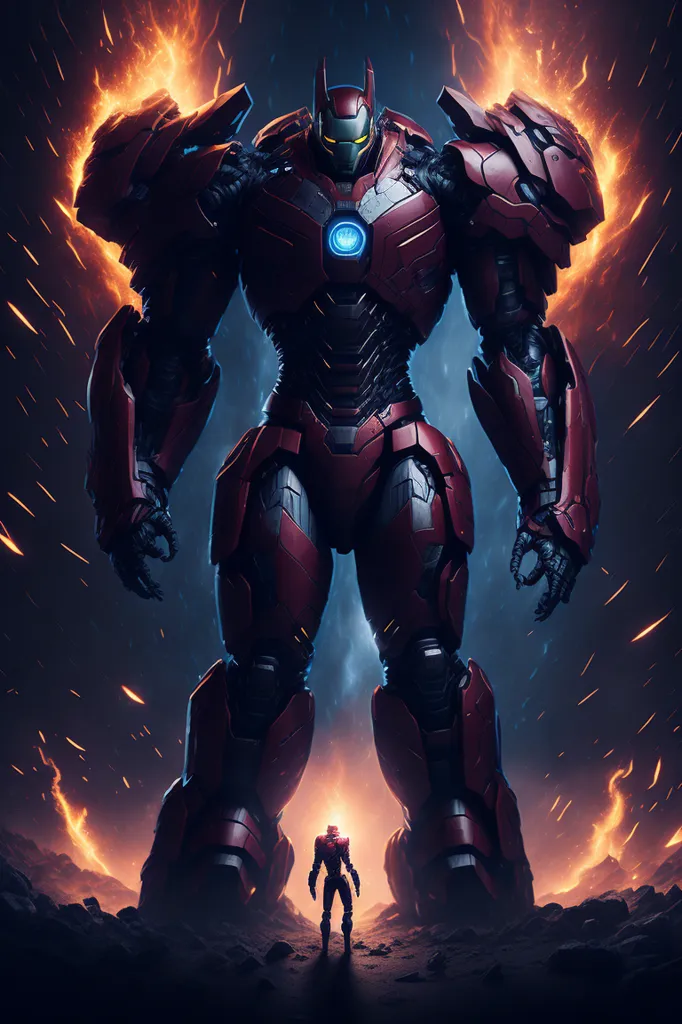 La imagen muestra un traje gigante de Iron Man de color rojo y plata de pie en un campo rocoso. El traje está rodeado de fuego y tiene una luz brillante que sale de su pecho. En primer plano, hay un traje más pequeño de Iron Man de pie, mirando hacia arriba al traje más grande.