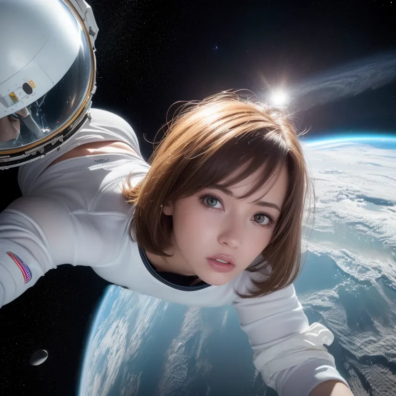 これは宇宙服を着た若い女の子が宇宙空間に浮かんでいる画像です。彼女はヘルメットを外し、髪が頭の周りに流れています。背景には太陽が輝き、地球が下に見えます。彼女はカメラを真剣な表情で見つめています。